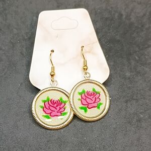 Gold and Pink Rose Earrings